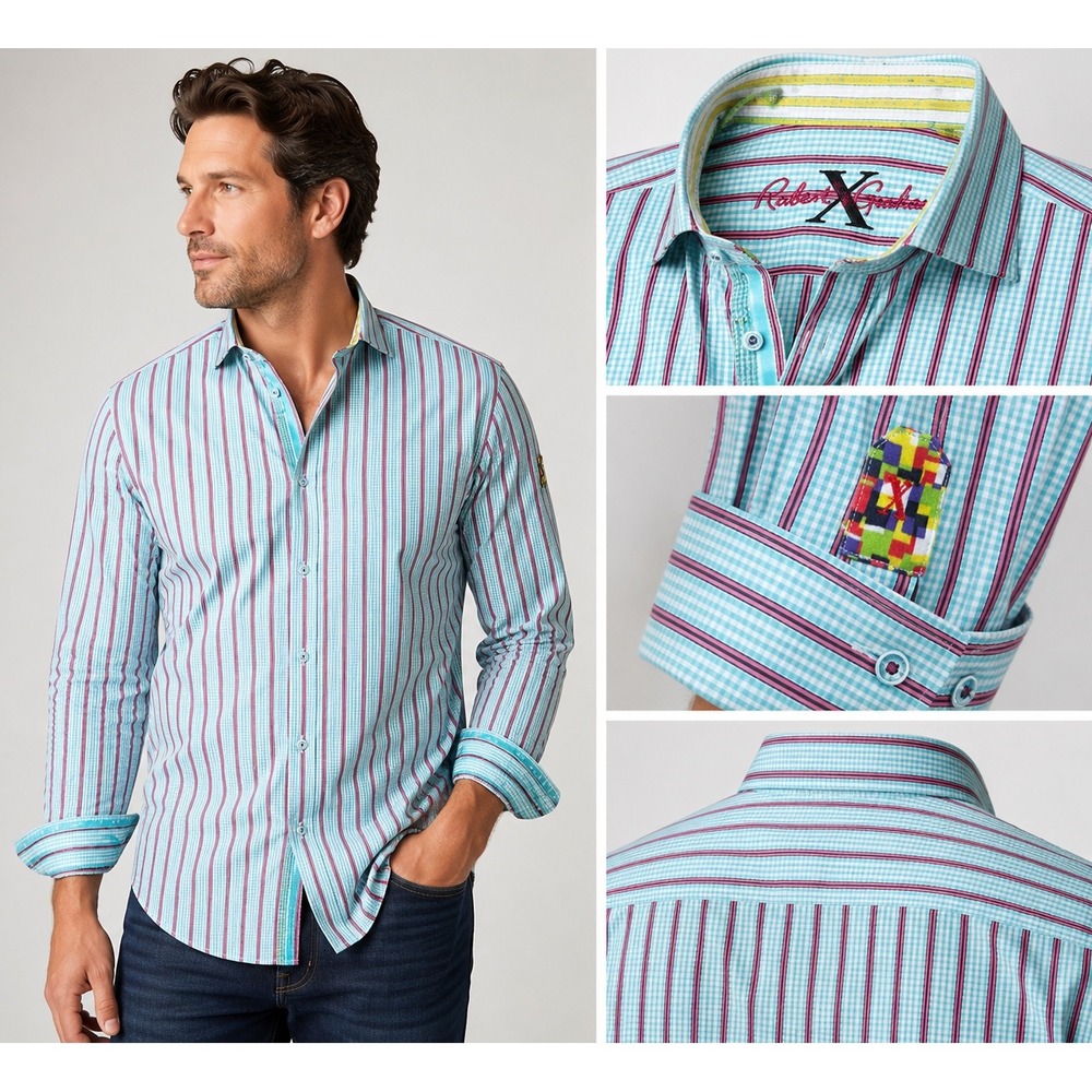 Robert Graham XL Tailored Fit Aqua Pink Stripe Button Front Shirt Mens
